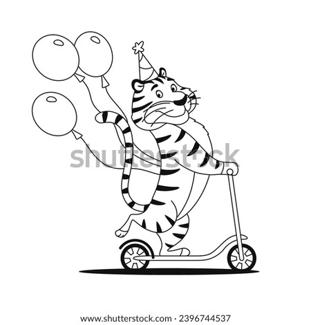 Happy tiger rides kick scooter coloring page. Wild cat with balloons black and white outline for children drawing. Cute character sketch. Kids preschool activity worksheet design vector illustration.