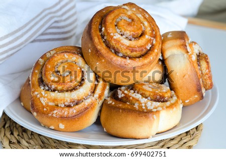 Similar – Image, Stock Photo Plate with cinnamon bun near jam