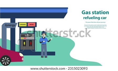 Gas station, Petrol station, refueling car petrol service staff cartoon character. Fuel station business Illustration with Text Space. service man for refuel car 