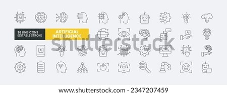 Set of 36 Artificial intelligence line icons set. AI outline icons with editable stroke collection. Includes machine learning, smart robotic and cloud computing network digital AI technology.