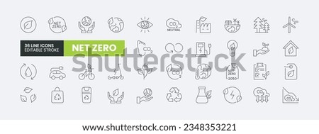 Set of 36 Net Zero line icons set. Net Zero outline icons with editable stroke collection. Includes Carbon footprint, CO2 neutral, net zero, Solar Energy, Wind Power, Renewable Energy and More.