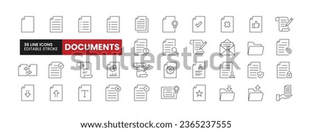 Set of 36 Documents line icons set. Documents outline icons with editable stroke collection. Includes Document Files, Upload, Download, Receipt, Document Approval, and More.