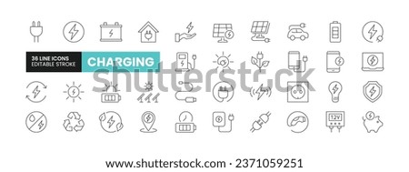 Set of 36 Charging line icons set. Charging outline icons with editable stroke collection. Includes Solar Energy, Battery, Mobile Charging, Power Bank, EV Charging, and More.