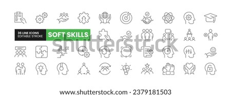 Set of 36 Soft Skills line icons set. Soft Skills outline icons with editable stroke collection. Includes Leadership, Active Listening, Communication, Target, Core Values, and More.