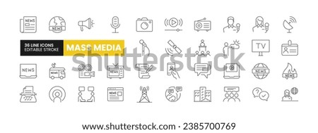 Set of 36 Mass Media  Journalism line icons set. Mass Media outline icons with editable stroke collection. Includes News, Microphone, Typewriter, Office, News Reporter, and More.
