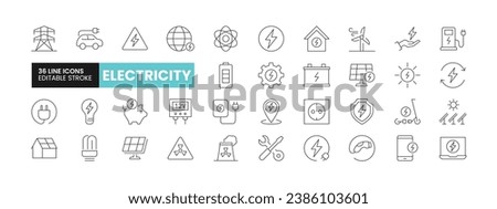 Set of 36 Electricity line icons set. Electricity outline icons with editable stroke collection. Includes Battery, Solar Panel, Bulb, Hazard, Energy Saving, and More.	