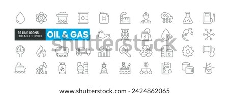 Set of 36 Oil and Gas line icons set. Oil and Gas outline icons with editable stroke collection. Includes Oil Tanker, Worker, Factory, Nuclear Plant, Sea Port, and More.