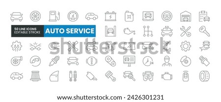 Set of 50 Auto Service line icons set. Auto Service outline icons with editable stroke collection. Includes Garage, Fuel, Engine, Mechanic, Car Wash, and More.