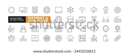 Set of 36 Internet and Computer line icons set. Internet and Computer outline icons with editable stroke collection. Includes Computer, Website, WiFi, Cloud Computing, Hardware, and More.