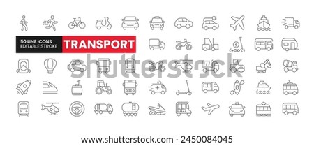 Set of 50 Transportation line icons set. Transport outline icons with editable stroke collection. Includes Bus, Snowmobile, Rickshaw, Cruise Ship, Motorcycle, and More.