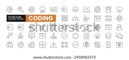 Set of 50 Coding and Programming line icons set. Coding outline icons with editable stroke collection. Includes Cloud Computing, Programmer, Website, Data, Bugs, and More.	
