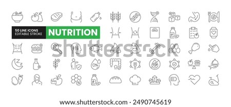 Set of 50 Nutrition line icons set. Nutrition outline icons with editable stroke collection. Includes Fruits, Vegetables, Sugar-Free, Balanced Diet, Proteins, and More.