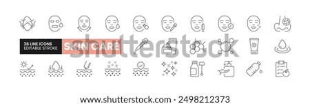 Set of 26 Skincare line icons set. Skincare outline icons with editable stroke collection. Includes Face Mask, Sunscreen, Skincare Products, Nutrition, UV Protection, and More.