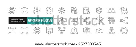 Set of 26 Workflow line icons set. Workflow outline icons with editable stroke collection. Includes Process, Timeline, Processing, Networking, Project, and More.