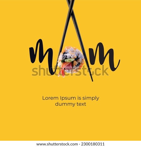 Happy Mother's day, mom symbol by sushi roll with chopsticks. Holiday restaurant mother's day concept with sushi roll. sushi roll with chopsticks mom text shape isolated on color background.