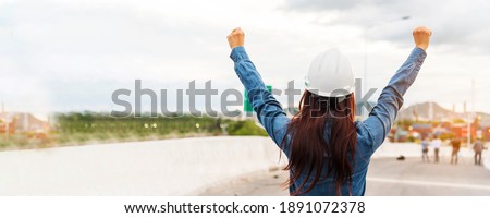 Banner Woman engineer entrepreneur constrcution industry worker. Panoramic Female engineer working refinery oil plant manufacturing. Young civil engineering construction wear hardhat safety helmet