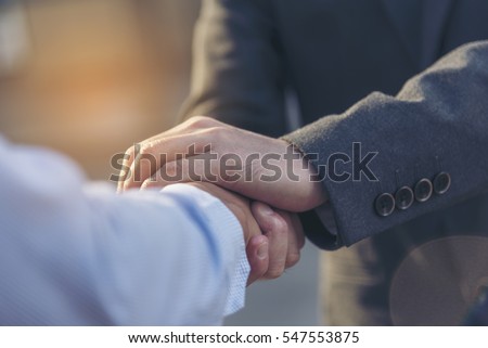 Trust Promise Concept. Honest Lawyer Partner with Professional Team make Law Business Agreement after Complete Deal. Ethics Business people handshake, touch and Respect customer to trust partnership. Foto d'archivio © 