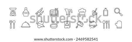 Cooking line icons set. Kitchen utensils, chef hat, cooking book. Vector.