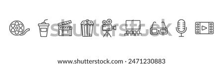 Cinema icons set. Film, movie, video, tv, cinema hall. Vector illustrations.