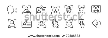 ID icon set. Set of Identity line icons. Document, verification, id card, fingerprint, face, eye scan, sound. Vector.