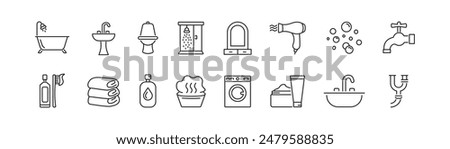 Bathroom icon set. Bath, shower, toilet, washbasin, cosmetic, mirror, soap bubble. Vector illustration.