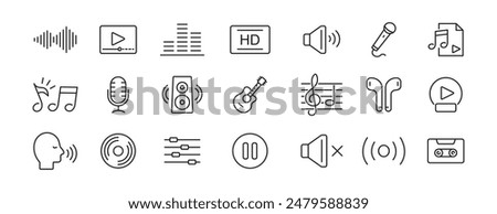 Music icon set. Content music icons. Guitar, play, music note, sound, headphones, mic. Vector.