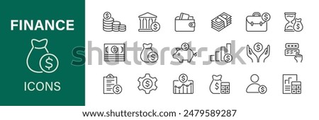 Finance icons set. Money, cash, bank, check, profit, payment, wallet. Business collection. Vector.