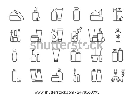 Cosmetic icons collection. Cream bottle, lipstick, brush makeup. Vector illustration.