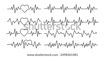 Heart rate monitor line set. Hearts with pulse beat. Vector illustration.