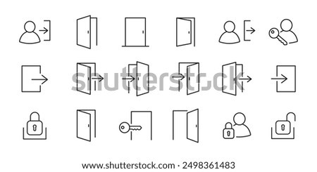 Open door icon set. Login and logout, key, lock, exit, register icons. Vector.