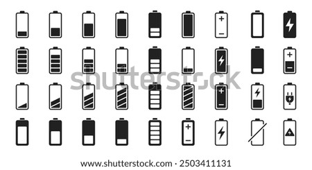 Battery black icons set. Battery charge symbol. Level battery energy. Vector.