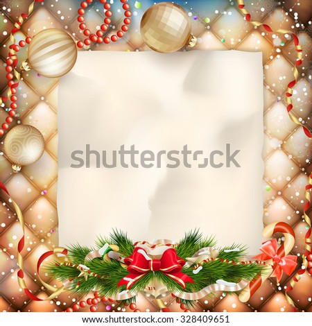 Christmas greeting card light and snowflakes background. Merry Christmas holidays wish design and vintage ornament decoration. Happy new year message. EPS 10 vector file included