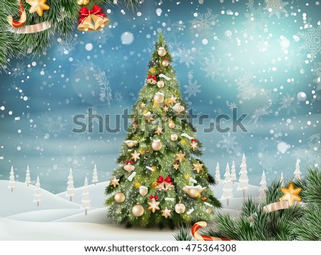 Christmas fir tree on winter landscape. EPS 10 vector file included