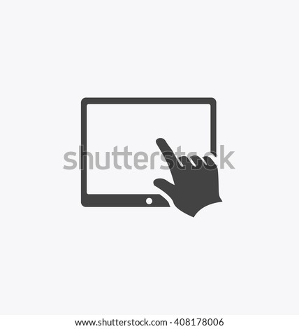 Finger touching tablet PC screen. Using tablet PC icon art. 