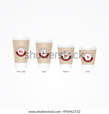Coffee on the go cups. Different sizes of take away paper coffee cups vector illustration. 