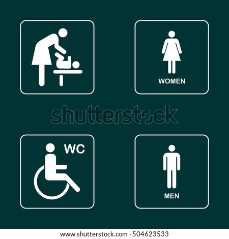 WC / Toilet door plate icon set. Men and women WC sign for restroom. Baby changing room. Wheelchair.