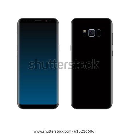 Smartphone design concept. Realistic vector illustration. Black smart phone front and back view isolated on white background.