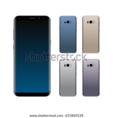 Smartphone design concept with different colors. Realistic vector illustration. Black smart phone front and back view isolated on white background.