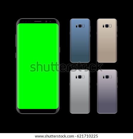 Smartphone design concept with different colors. Realistic vector illustration. Smart phone front and back view isolated on black background.