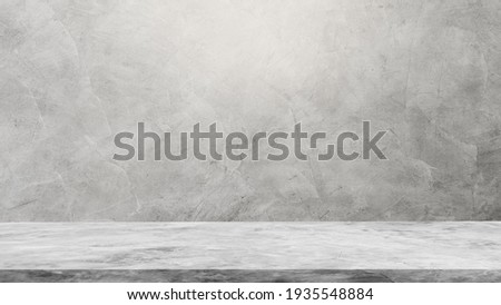 Empty Gray Wall Room interiors Studio Concrete Backdrop and Floor cement Shelf, well editing montage display products and text present on free space Background 