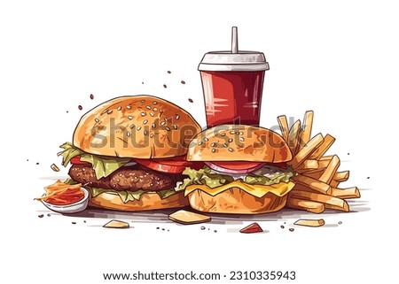 Tasty combo menu fast food. Yummy double burger, french fries and soda pop in cartoon flat style. Sticker, wallpaper, icon, web design, card, poster. Vector illustration isolated on white background