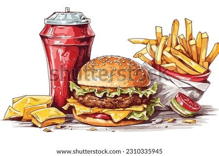 Tasty combo menu fast food. Yummy double burger, french fries and soda pop in cartoon flat style. Sticker, wallpaper, icon, web design, card, poster. Vector illustration isolated on white background