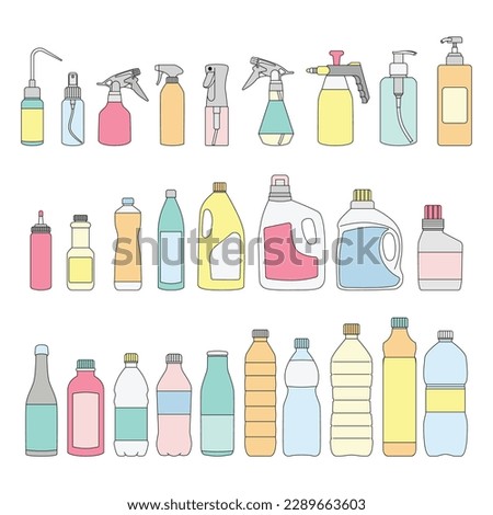 Packaging bottles collection set flat clean vector illustration simple pastel color - drinking water, oil, sauce, condiments, soap, cleaning tools, perfume, milk, etc.