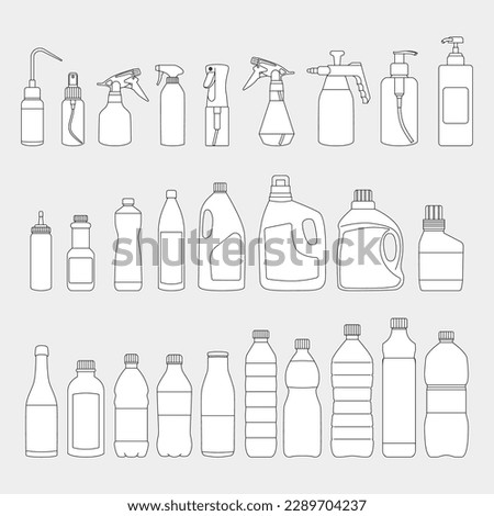 Set of cleaning supplies and drinking bottles packagings flat simple vector illustration - collection of bottle water, jug, laundry, liquid container, oil, sauce, detergent, soap, etc.