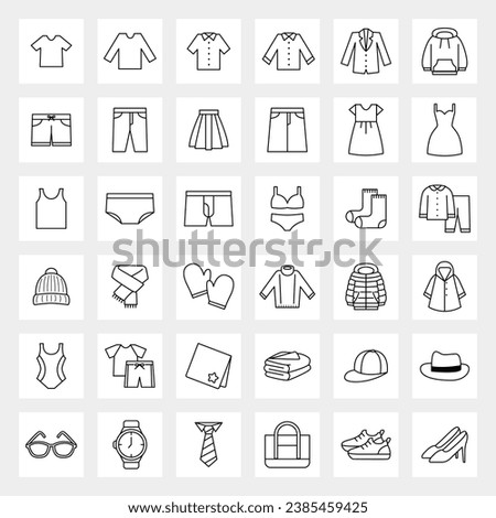 Wardrobe clothings closet icon illustrations flat collection set line simple square drawing black and white labels laundry