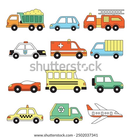 Transportation vehicle drawing doodle children vector set icon symbol busy city flat set collection cars, trucks, firetruck, taxi, ambulance, airplane, dump truck, jeep