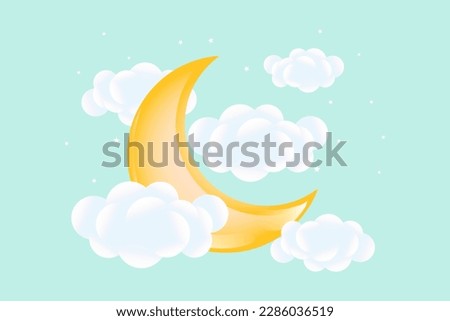 	
3d baby shower, waxing moon with clouds on a soft green background, childish design in pastel colors. Background, illustration, vector.
