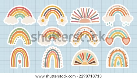 Set of doodles, rainbows, sun with clouds and flowers in retro boho style. Baby stickers, scrapbook icons, vector