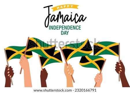 Jamaica Independence Day. Multiracial hands with Jamaica flags. Jamaica Independence Day banner. Illustration, poster, vector