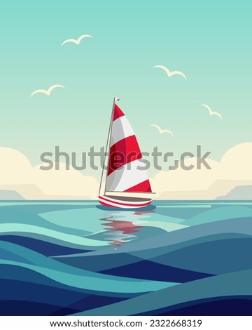 Colorful red and white yacht in the ocean, seascape with cloudy sky. Travel concept. Summer illustration, vector	
